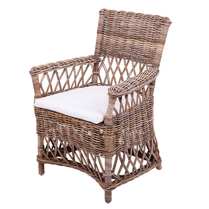 Coastal Rattan Dining Chair - Hand-Woven Indonesian Rattan Chair Backrest Armrest For Garden & Outdoor Patio