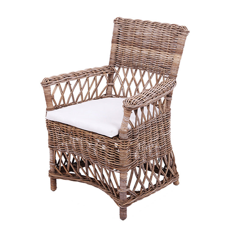 Coastal Rattan Dining Chair - Hand-Woven Indonesian Rattan Chair Backrest Armrest For Garden & Outdoor Patio