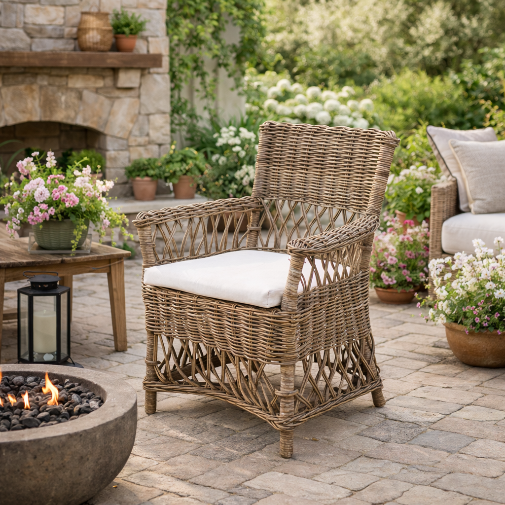 Coastal Rattan Dining Chair - Hand-Woven Indonesian Rattan Chair Backrest Armrest For Garden & Outdoor Patio