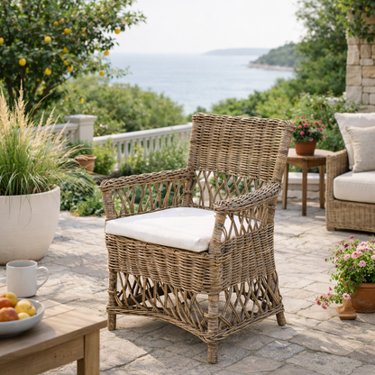 Coastal Rattan Dining Chair - Hand-Woven Indonesian Rattan Chair Backrest Armrest For Garden & Outdoor Patio