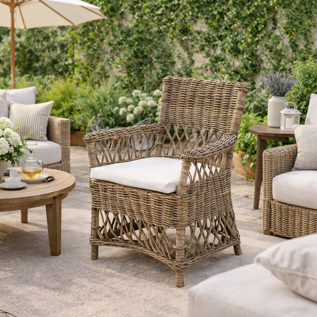 Coastal Rattan Dining Chair - Hand-Woven Indonesian Rattan Chair Backrest Armrest For Garden & Outdoor Patio