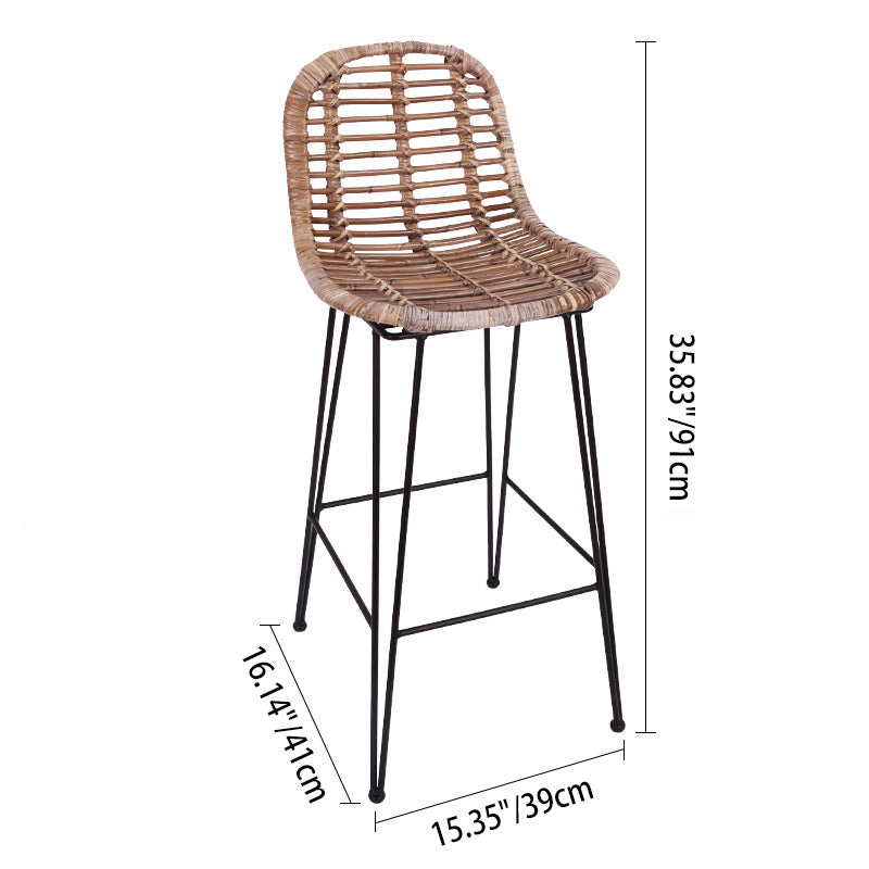 Lightweight Rustic Bar Stool - High-Quality Rattan Weaving Iron Hollowed-Out Backrest Armless Stool For Dining Room