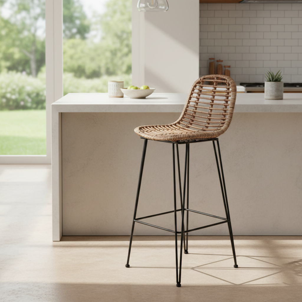 Lightweight Rustic Bar Stool - High-Quality Rattan Weaving Iron Hollowed-Out Backrest Armless Stool For Dining Room