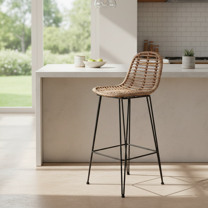 Lightweight Rustic Bar Stool - High-Quality Rattan Weaving Iron Hollowed-Out Backrest Armless Stool For Dining Room