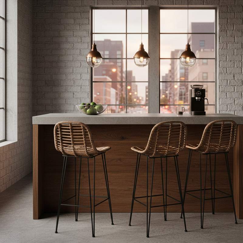 Lightweight Rustic Bar Stool - High-Quality Rattan Weaving Iron Hollowed-Out Backrest Armless Stool For Dining Room