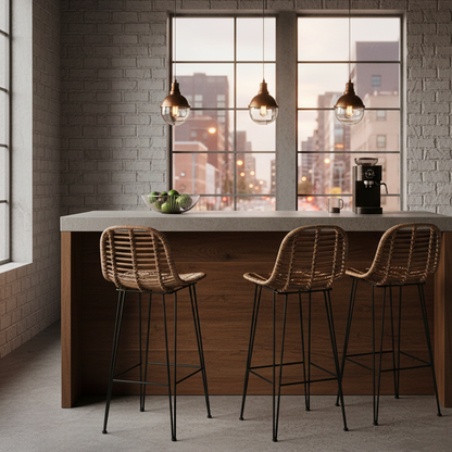 Lightweight Rustic Bar Stool - High-Quality Rattan Weaving Iron Hollowed-Out Backrest Armless Stool For Dining Room