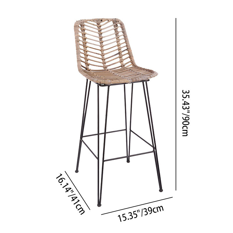 Breathable Coastal Bar Stool - Hand-Woven Texture Hollow Rattan Backrest Armless Stool For Dining Room