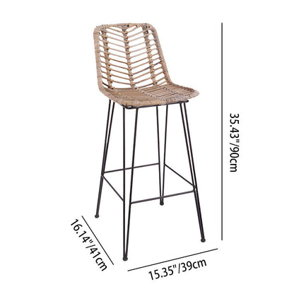 Breathable Coastal Bar Stool - Hand-Woven Texture Hollow Rattan Backrest Armless Stool For Dining Room