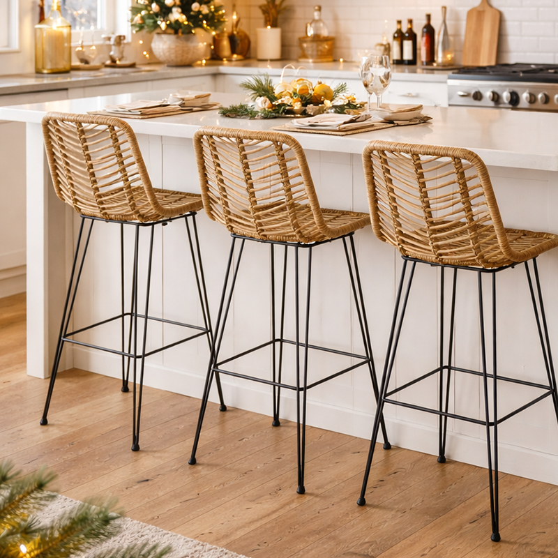 Breathable Coastal Bar Stool - Hand-Woven Texture Hollow Rattan Backrest Armless Stool For Dining Room