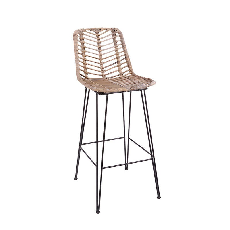 Breathable Coastal Bar Stool - Hand-Woven Texture Hollow Rattan Backrest Armless Stool For Dining Room
