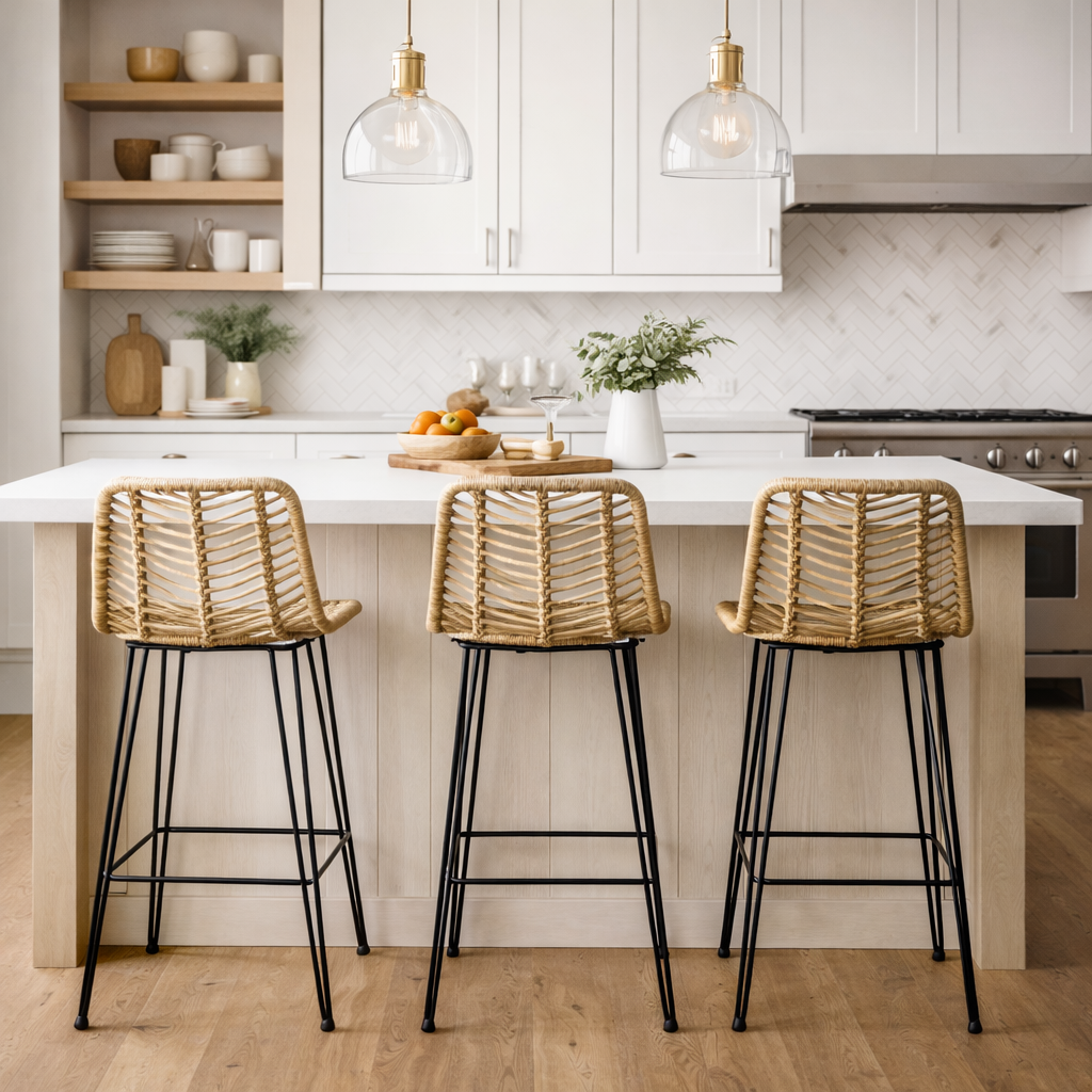 Breathable Coastal Bar Stool - Hand-Woven Texture Hollow Rattan Backrest Armless Stool For Dining Room