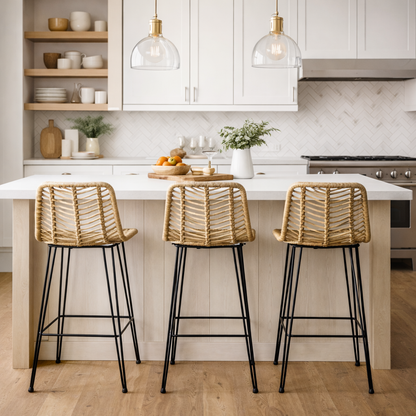 Breathable Coastal Bar Stool - Hand-Woven Texture Hollow Rattan Backrest Armless Stool For Dining Room