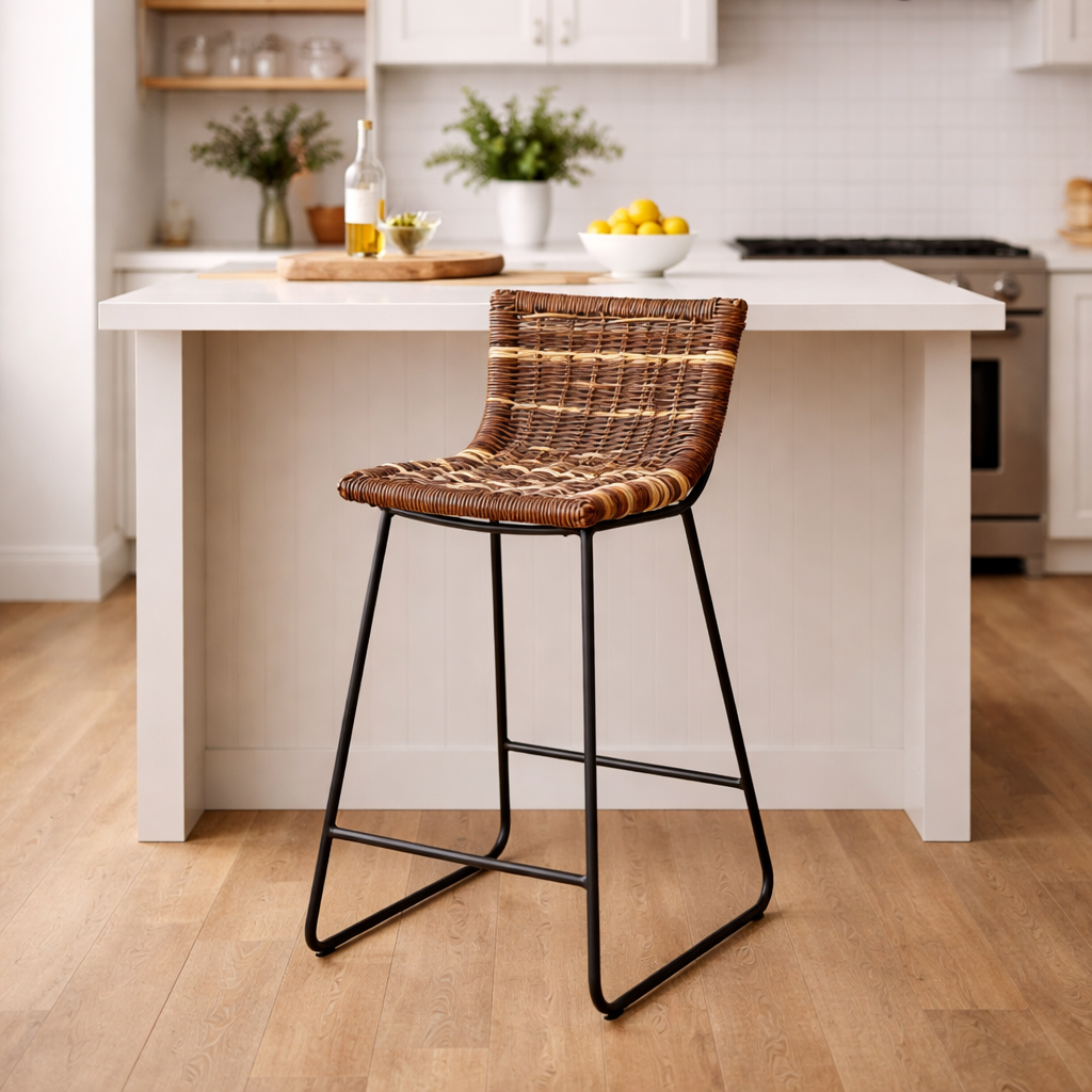 Farmhouse Rattan Bar Stool - Easy-Maneuver Rattan Cool Seating Bar Dining Stool For Dining Room & Kitchen