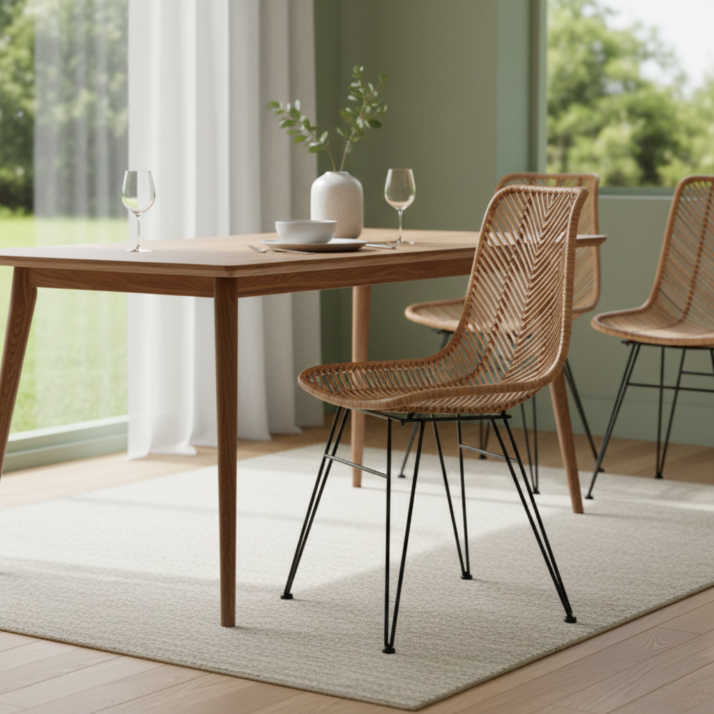 Coastal Rattan Dining Chair - Hand-Woven Feather-Leaf Texture & Iron Frame Chair For Dining Room & Kitchen