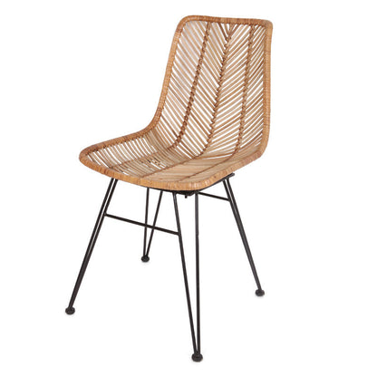 Coastal Rattan Dining Chair - Hand-Woven Feather-Leaf Texture & Iron Frame Chair For Dining Room & Kitchen