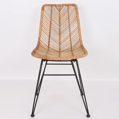 Coastal Rattan Dining Chair - Hand-Woven Feather-Leaf Texture & Iron Frame Chair For Dining Room & Kitchen