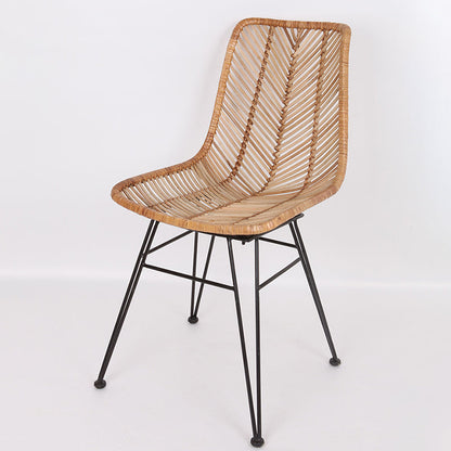 Coastal Rattan Dining Chair - Hand-Woven Feather-Leaf Texture & Iron Frame Chair For Dining Room & Kitchen