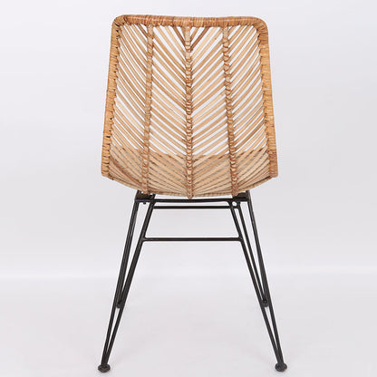 Coastal Rattan Dining Chair - Hand-Woven Feather-Leaf Texture & Iron Frame Chair For Dining Room & Kitchen