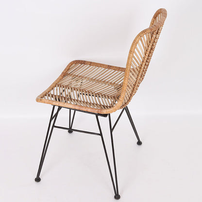 Coastal Rattan Dining Chair - Hand-Woven Feather-Leaf Texture & Iron Frame Chair For Dining Room & Kitchen