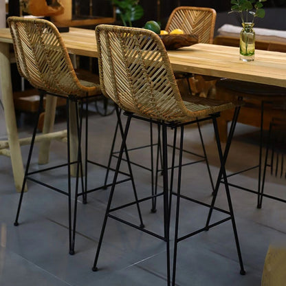 Boho-Style Rattan Weaving Bar Stool - Stable Support Airy Texture Backrest Stool For Dining Room & Kitchen
