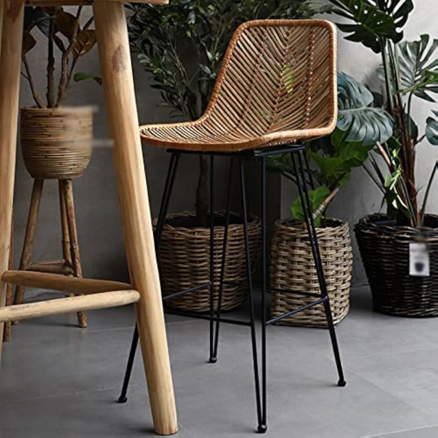 Boho-Style Rattan Weaving Bar Stool - Stable Support Airy Texture Backrest Stool For Dining Room & Kitchen