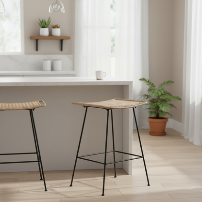 Curved-Seat Rattan Bar Stool - Lightweight Rattan Weaving Backless Stool For Dining Room