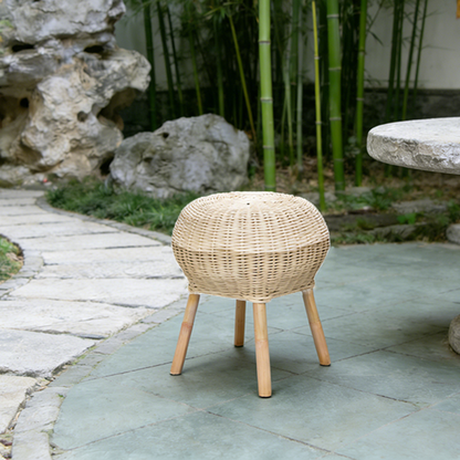 Traditional Chinese Natural Rattan Shoe Bench - Drum Handmade Shoe Stool For Living Room