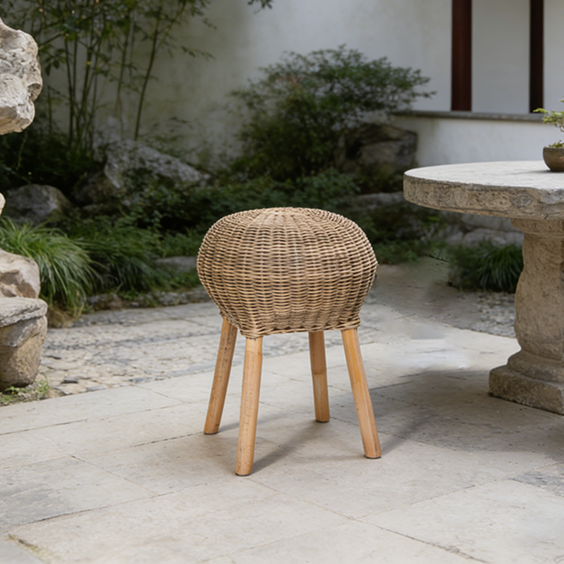 Traditional Chinese Natural Rattan Shoe Bench - Drum Handmade Shoe Stool For Living Room