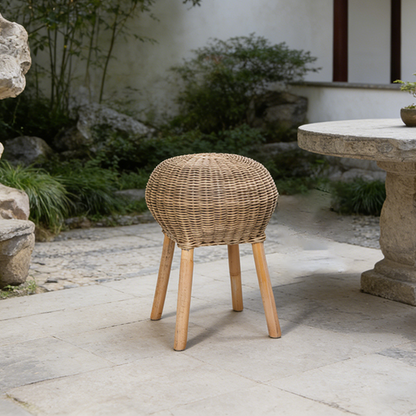 Traditional Chinese Natural Rattan Shoe Bench - Drum Handmade Shoe Stool For Living Room