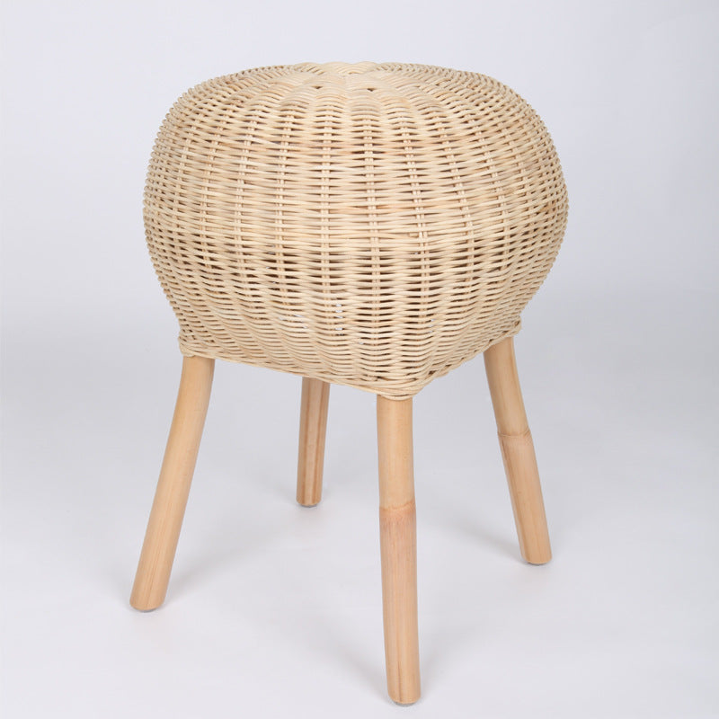Traditional Chinese Natural Rattan Shoe Bench - Drum Handmade Shoe Stool For Living Room