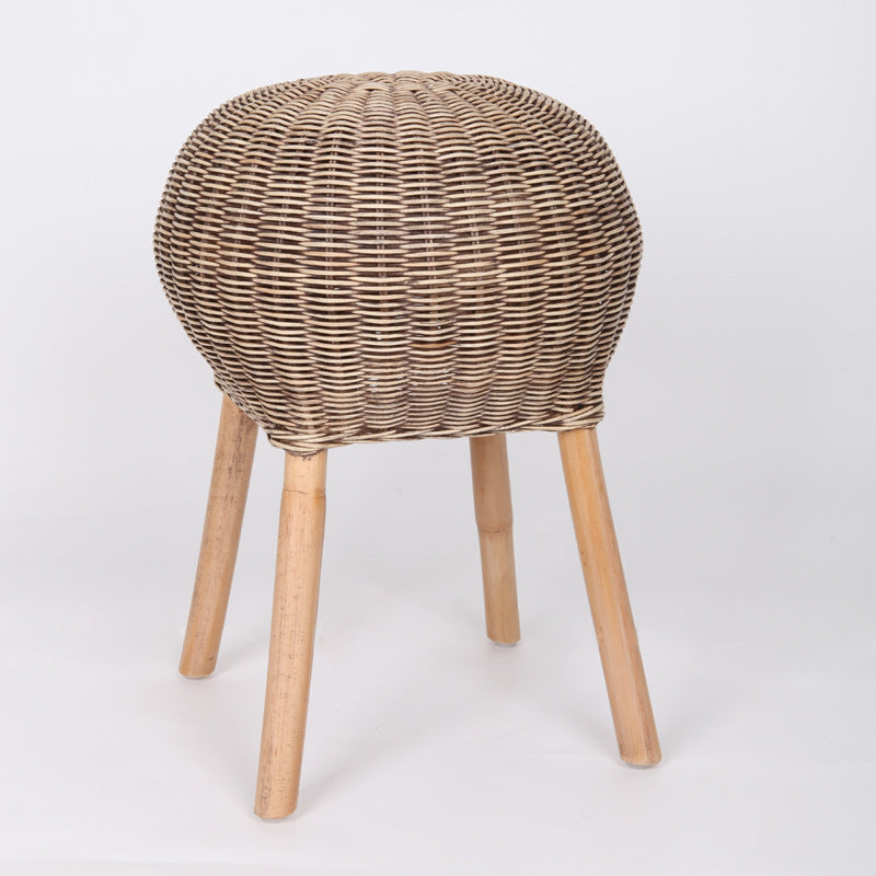 Traditional Chinese Natural Rattan Shoe Bench - Drum Handmade Shoe Stool For Living Room