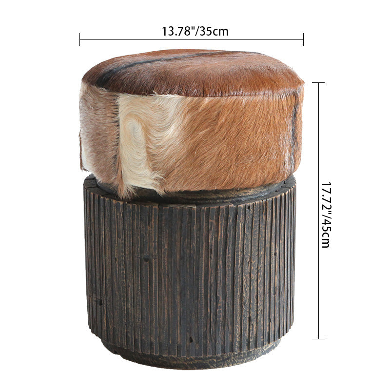 Traditional Teak Wood & Goatskin Stool - Oriental Handmade Furniture Chair For Living Room