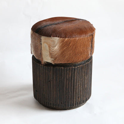 Traditional Teak Wood & Goatskin Stool - Oriental Handmade Furniture Chair For Living Room