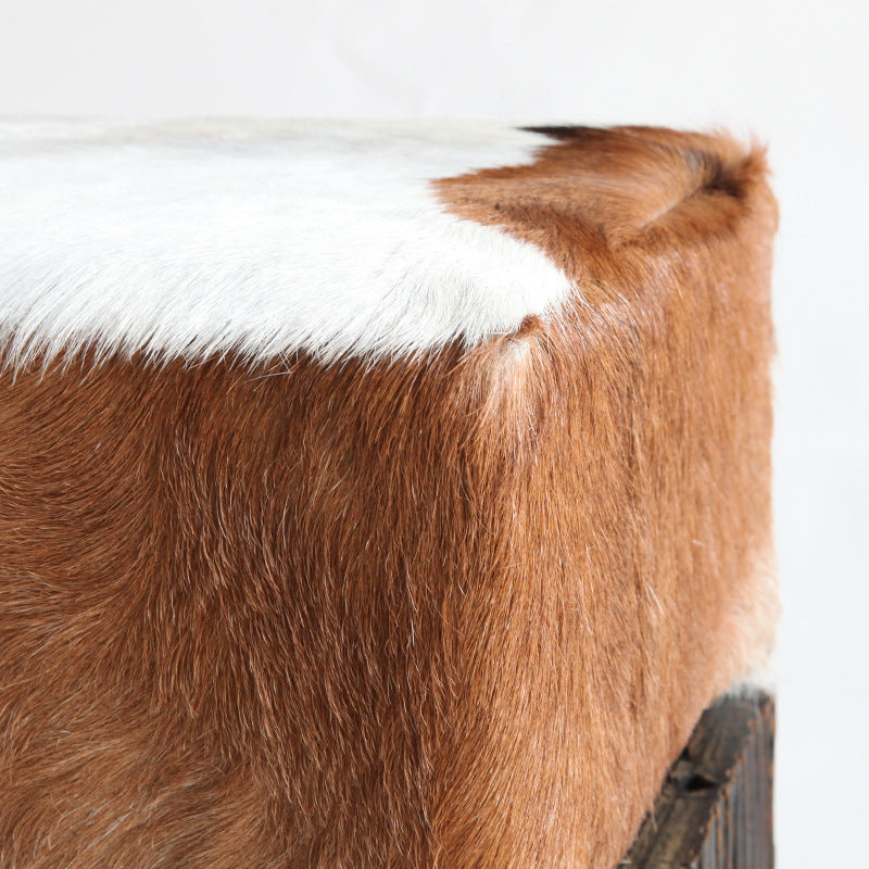 Traditional Chinese Teak Wood & Goatskin Shoe Stool - Square Handcrafted Chair For Living Room