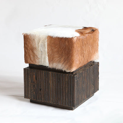 Traditional Chinese Teak Wood & Goatskin Shoe Stool - Square Handcrafted Chair For Living Room