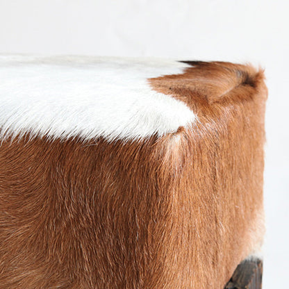 Traditional Chinese Teak Wood & Goatskin Shoe Stool - Square Handcrafted Chair For Living Room