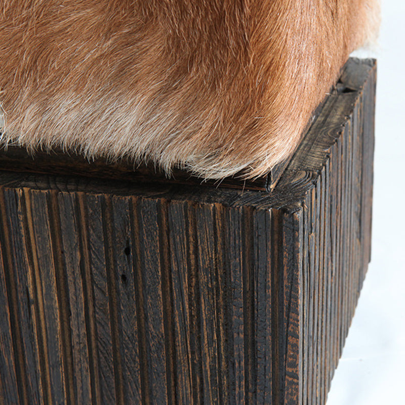Traditional Chinese Teak Wood & Goatskin Shoe Stool - Square Handcrafted Chair For Living Room