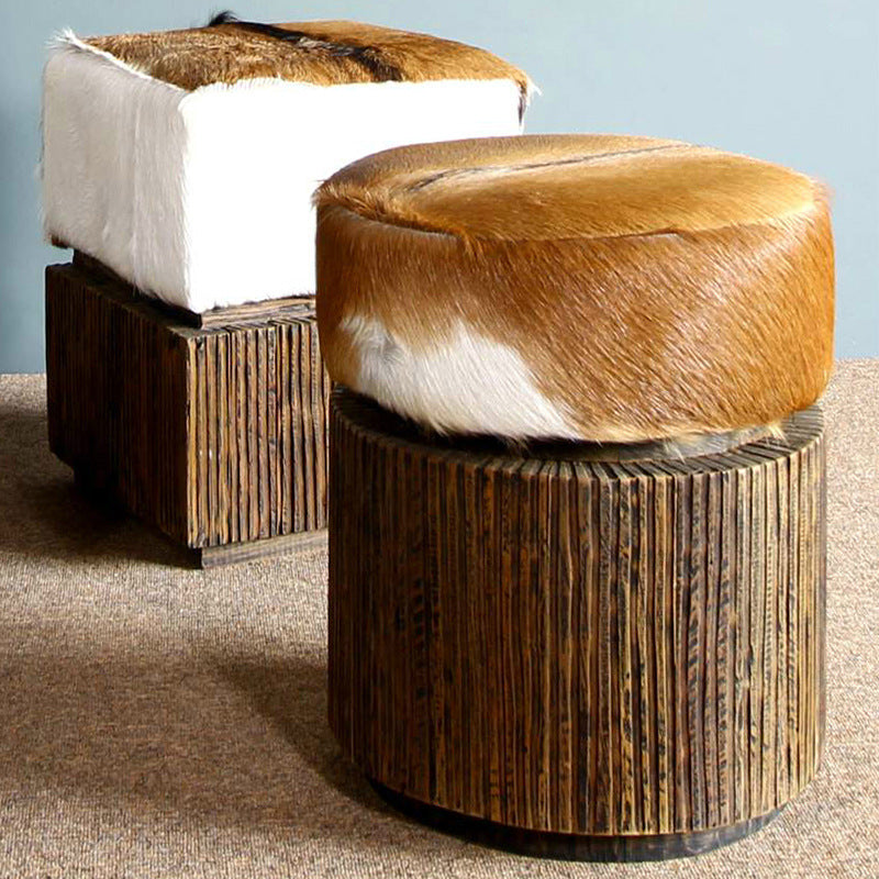 Traditional Chinese Teak Wood & Goatskin Shoe Stool - Square Handcrafted Chair For Living Room