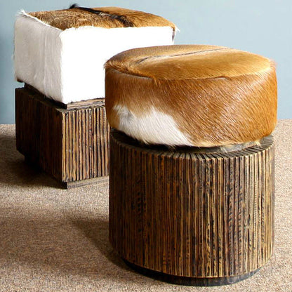 Traditional Chinese Teak Wood & Goatskin Shoe Stool - Square Handcrafted Chair For Living Room