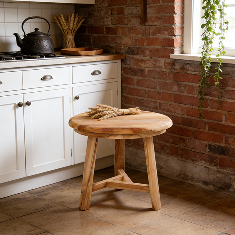 Traditional Japanese Teak Wood Side Table - Low Round Accent Table For Living Room
