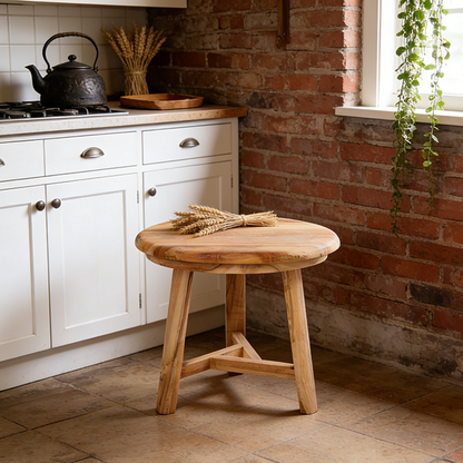 Traditional Japanese Teak Wood Side Table - Low Round Accent Table For Living Room