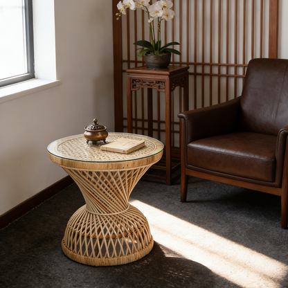 Traditional Chinese Handwoven Indonesian Rattan Side Table - Hourglass Round End Table For Living Room