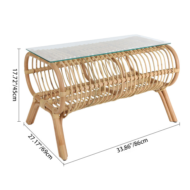 Traditional Japanese Bamboo Rattan Coffee Table With Glass Top - Elongated Profile Side Table For Living Room