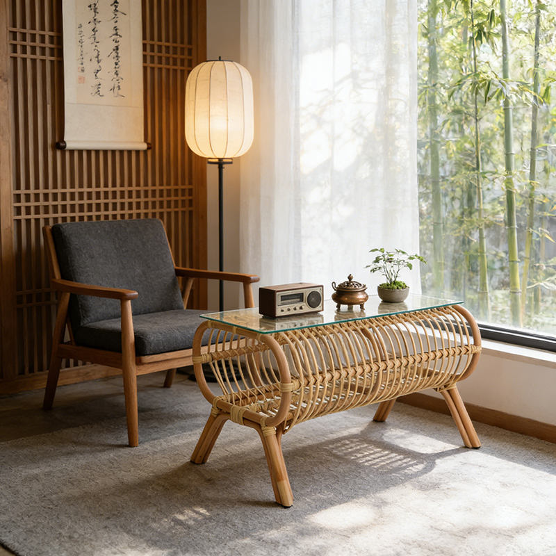 Traditional Japanese Bamboo Rattan Coffee Table With Glass Top - Elongated Profile Side Table For Living Room