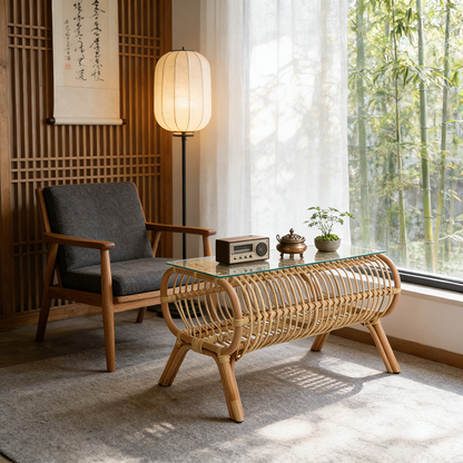 Traditional Japanese Bamboo Rattan Coffee Table With Glass Top - Elongated Profile Side Table For Living Room