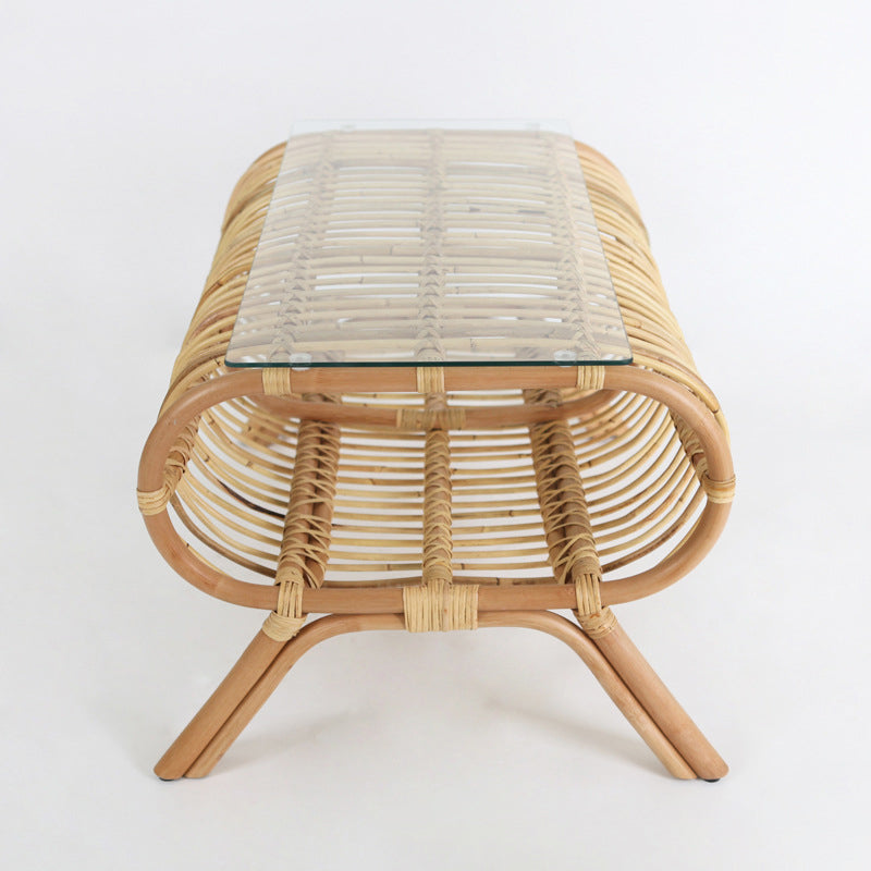 Traditional Japanese Bamboo Rattan Coffee Table With Glass Top - Elongated Profile Side Table For Living Room