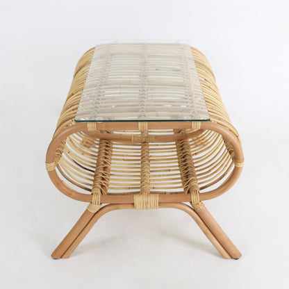 Traditional Japanese Bamboo Rattan Coffee Table With Glass Top - Elongated Profile Side Table For Living Room