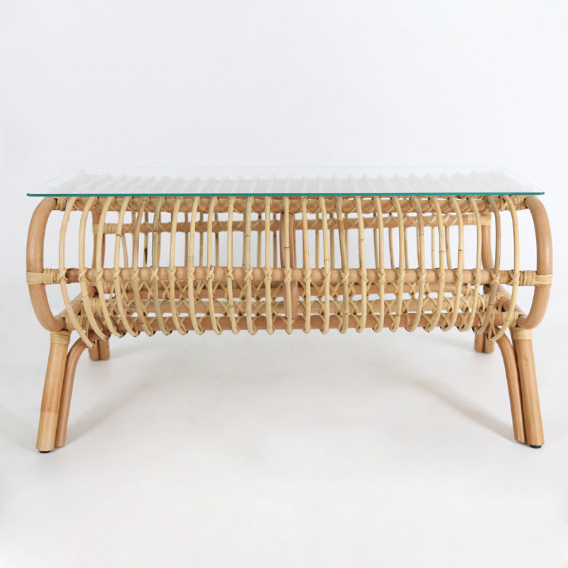 Traditional Japanese Bamboo Rattan Coffee Table With Glass Top - Elongated Profile Side Table For Living Room