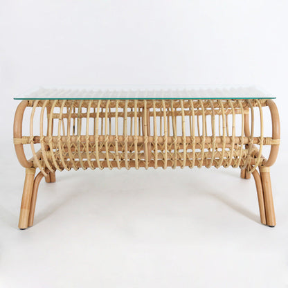 Traditional Japanese Bamboo Rattan Coffee Table With Glass Top - Elongated Profile Side Table For Living Room