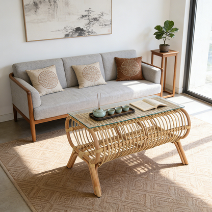 Traditional Japanese Bamboo Rattan Coffee Table With Glass Top - Elongated Profile Side Table For Living Room